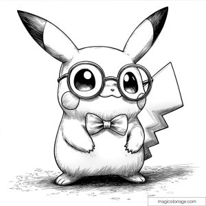 Pikachu coloring page with glasses and cute bow tie