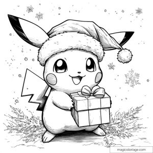 Drawing of Pikachu with a Christmas hat holding a gift.