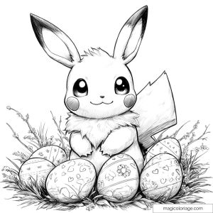 Cute Pikachu with decorated Easter eggs to color.