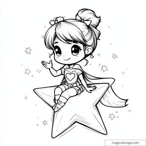 Drawing of a cute superheroine sitting on a star