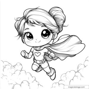 Chibi superheroine drawing flying in the clouds