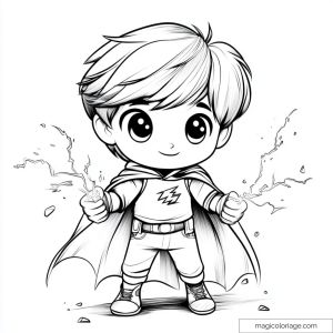 Coloring of a child superhero with cape and lightning