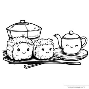 Kawaii smiling sushi and teapot drawing to color.