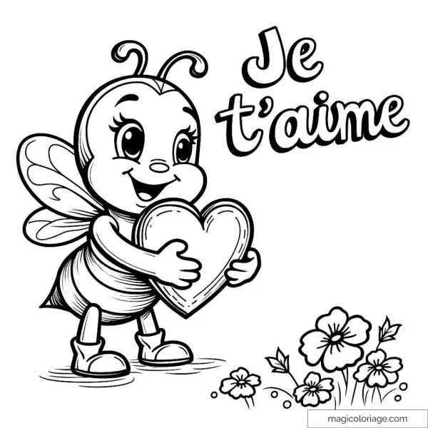 Drawing of a smiling bee holding a heart with flowers