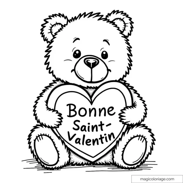 Cute bear with heart "Happy Valentine's Day" coloring page