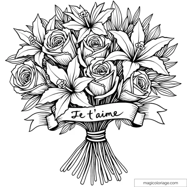 Drawing of a bouquet of flowers with the message "I love you" to color.