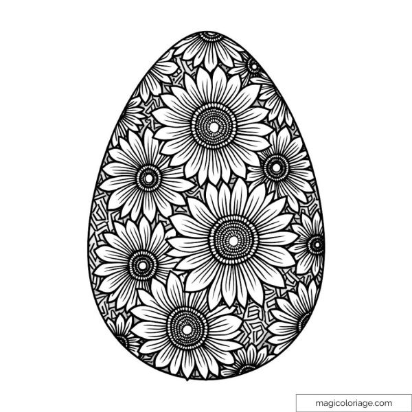 Drawing of an egg decorated with intricate flowers for coloring