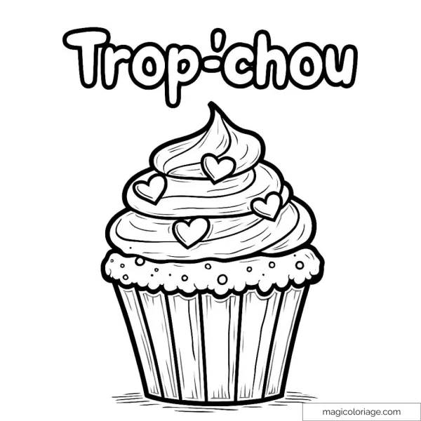 Free printable cupcake coloring page with frosting and hearts.