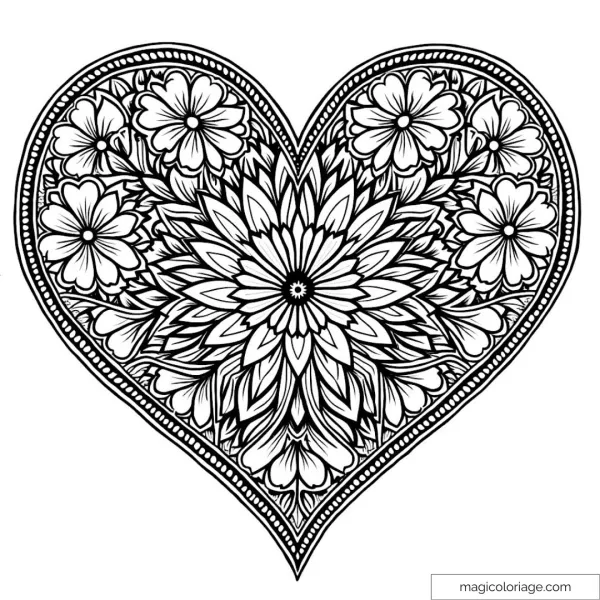 Relaxing detailed floral mandala heart coloring page.