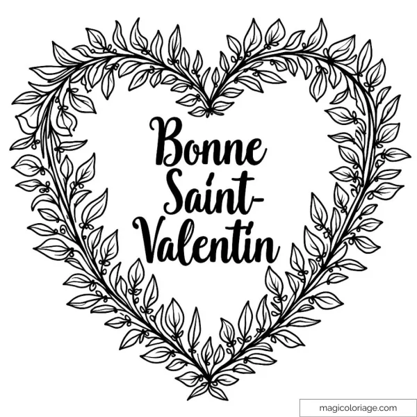 Heart coloring page with "Happy Valentine's Day" message and foliage