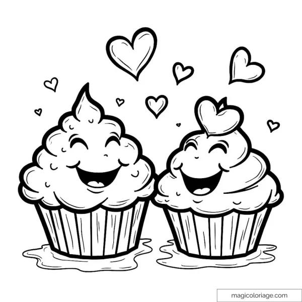 Two smiling cupcakes with floating hearts