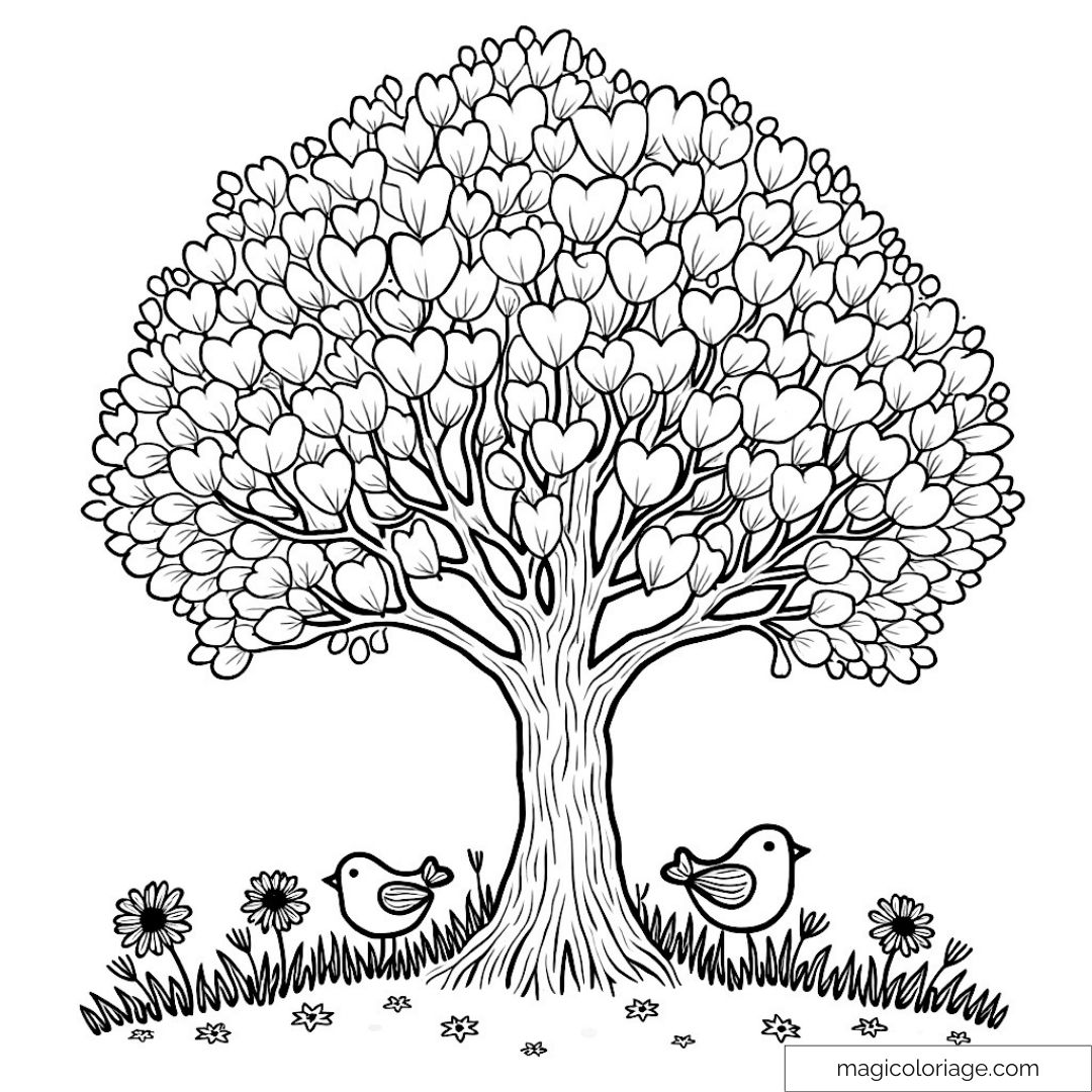 Coloring of a heart-shaped leaf tree with birds