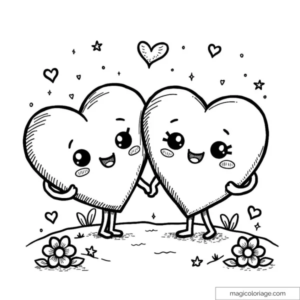 Two cute hearts holding hands with stars
