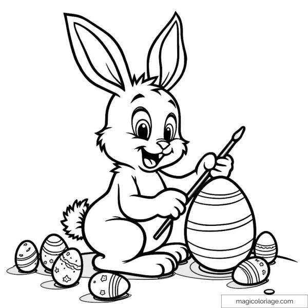 Smiling bunny painting colorful Easter eggs
