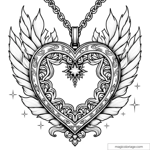 Winged heart pendant coloring page with refined and sparkling details.
