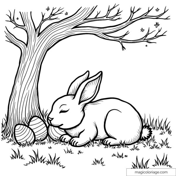 Easter bunny under a tree with eggs to decorate