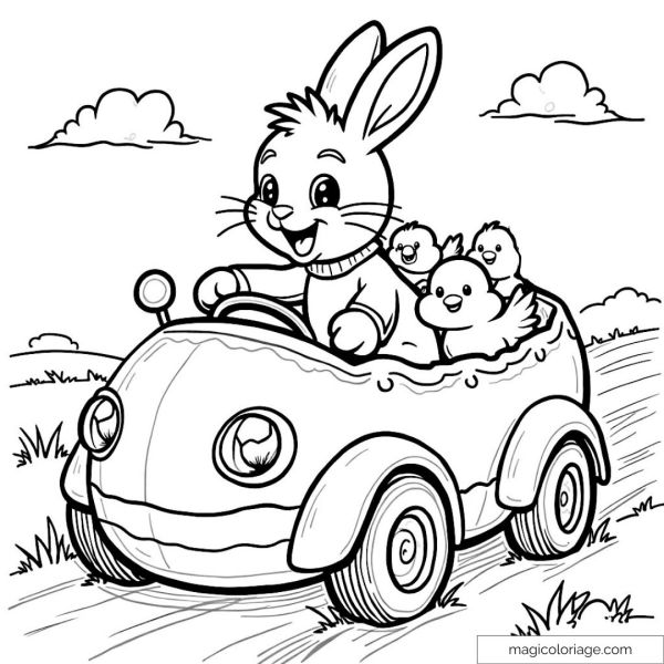 Smiling rabbit driving a car with baby birds passengers