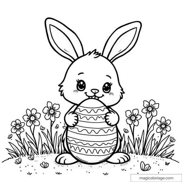Drawing of a bunny holding an Easter egg with flowers around it.