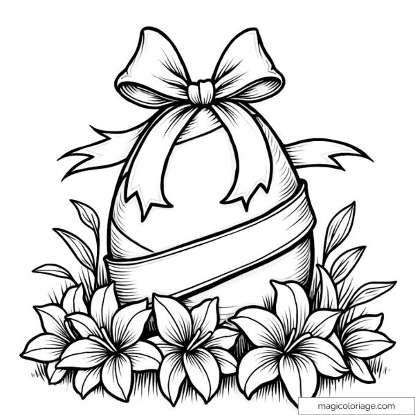 Drawing of an Easter egg decorated with flowers and ribbons