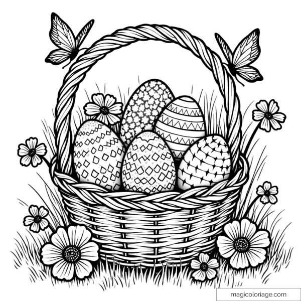 Basket drawing with decorated eggs and butterflies