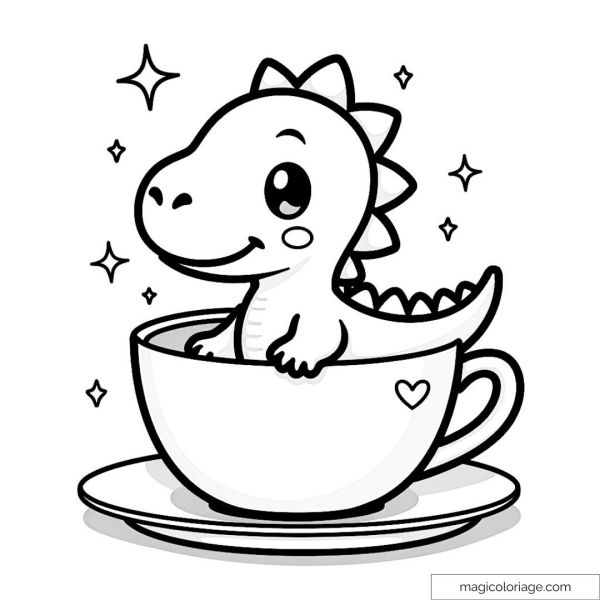 Cute dinosaur in a cup coloring page with stars