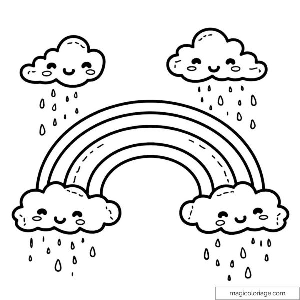 Drawing of a rainbow with happy clouds