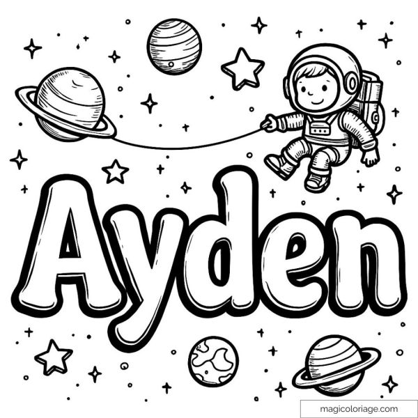 Ayden Space Coloring Page with astronaut name and planets.