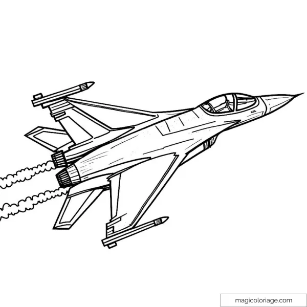Fighter plane coloring page with details and smoke in flight.