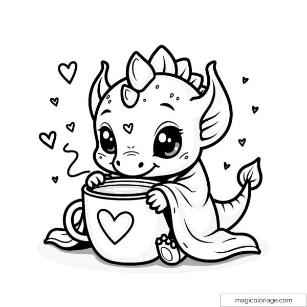 Cute baby dragon holding a heart-shaped mug