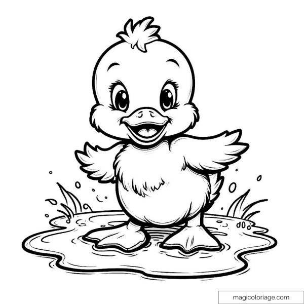 Image of a smiling duckling standing in a puddle.
