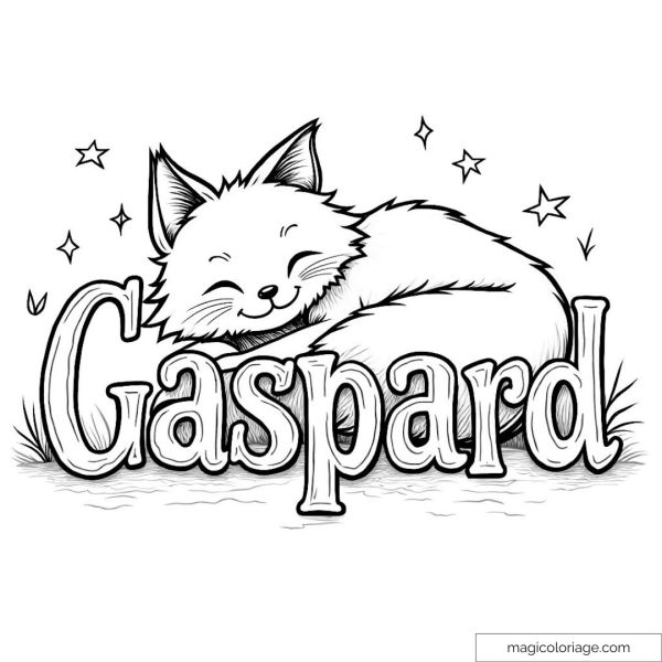 Sleeping cat coloring page with Gaspard letters and stars