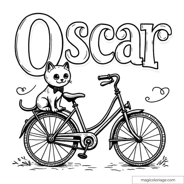 Cat on a bicycle wearing a bow tie with the name Oscar