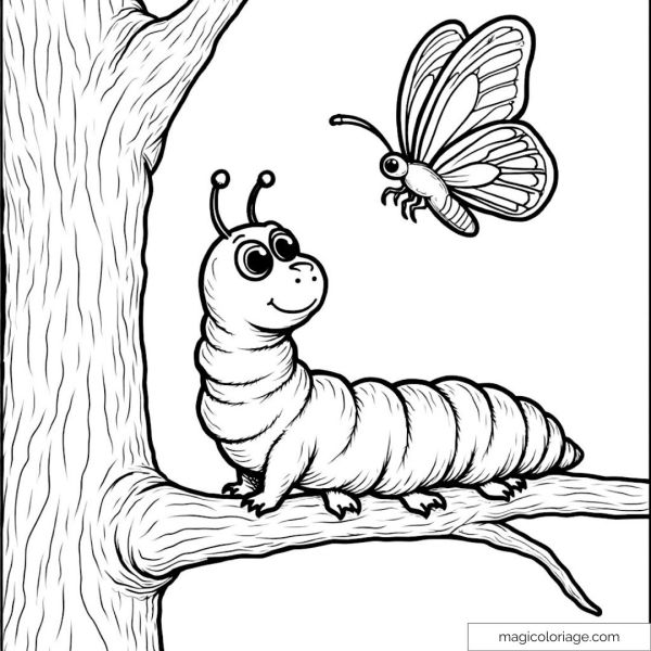 Drawing of caterpillar on branch with butterfly