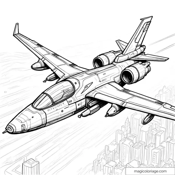 Drawing of a modern airplane flying over towering skyscrapers.