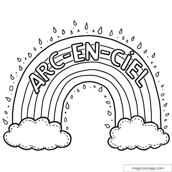 Black and white drawing of a rainbow with clouds to color