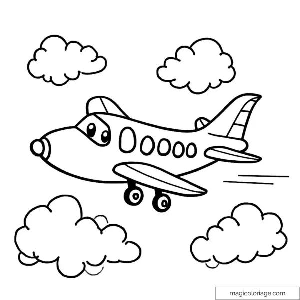 Drawing of a smiling airplane flying among fluffy clouds