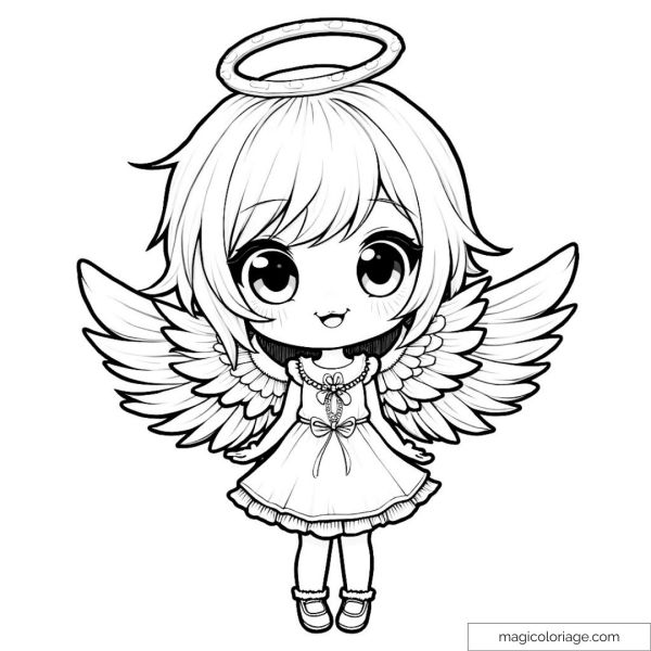 Kawaii chibi angel drawing with halo and wings to color.
