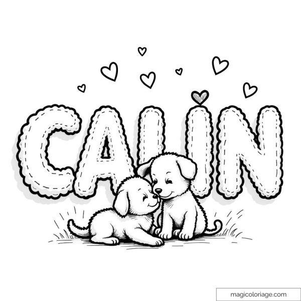 Drawing of two puppies with hug lettering and hearts