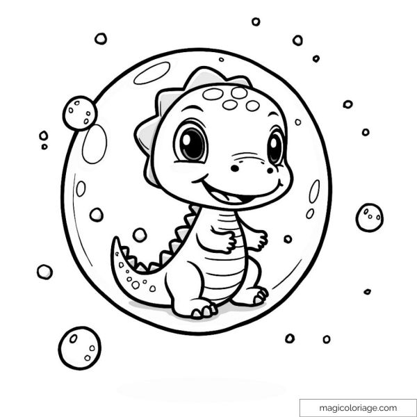 Picture of a cute dinosaur surrounded by bubbles to color