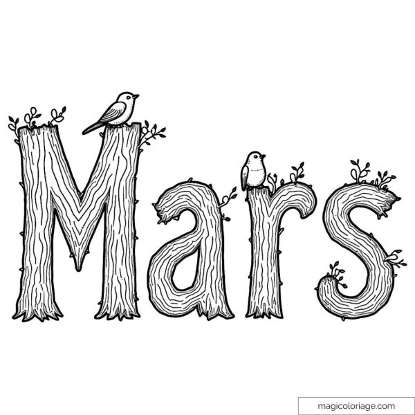 Coloring with wooden letters "Mars" and perched birds.