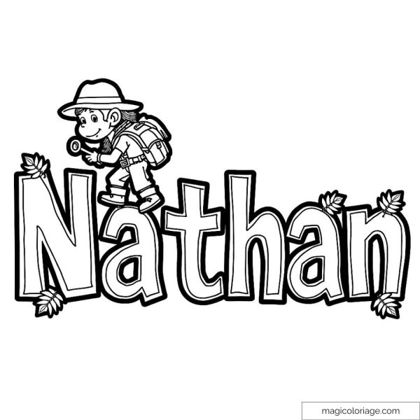 Coloring of the word Nathan with a little explorer in a hat and backpack.