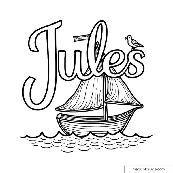 Coloring first name Jules with boat