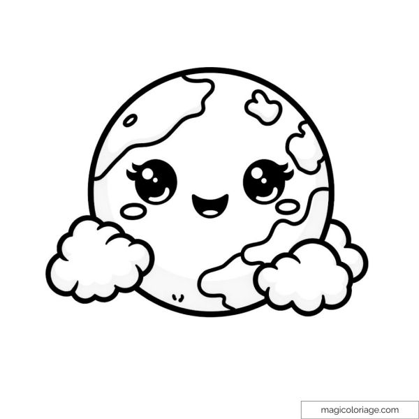 Cute planet with smiling face surrounded by clouds