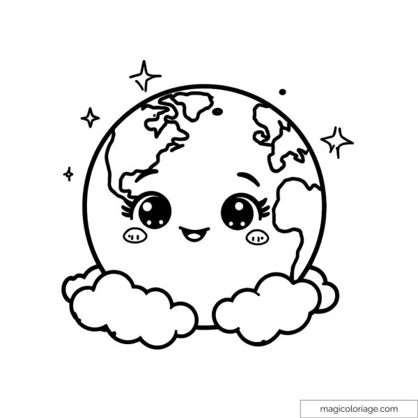 Drawing of smiling Earth with clouds and stars.