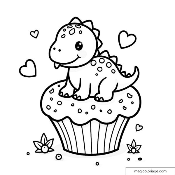 Drawing of a cute dinosaur on a big cupcake with hearts.