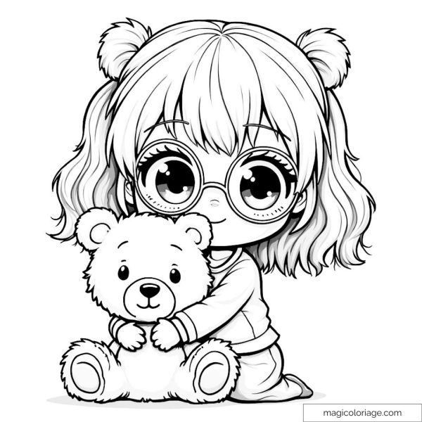 Coloring page of a little girl with glasses cuddling a teddy bear.