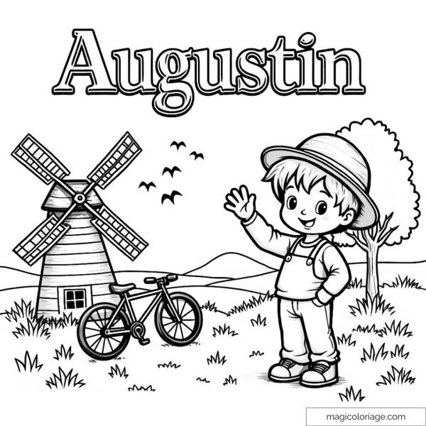 Coloring of a boy in front of a mill with a bicycle