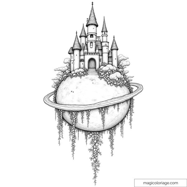 Drawing of a fantasy castle floating on a planet with rings and vegetation.