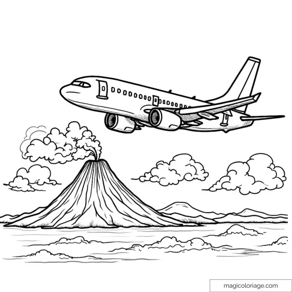 Coloring page of airplane and volcano with clouds