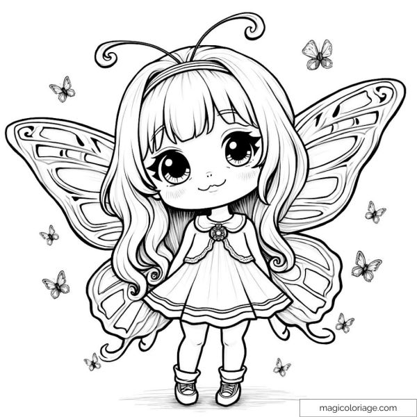 Fairy with big wings and butterflies coloring page for children.